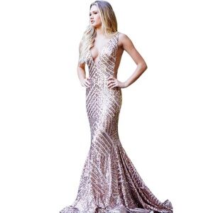 NWT Jovani Rose Gold Sequin Mermaid Gown | Deep V | Size 4 | $650 MSRP